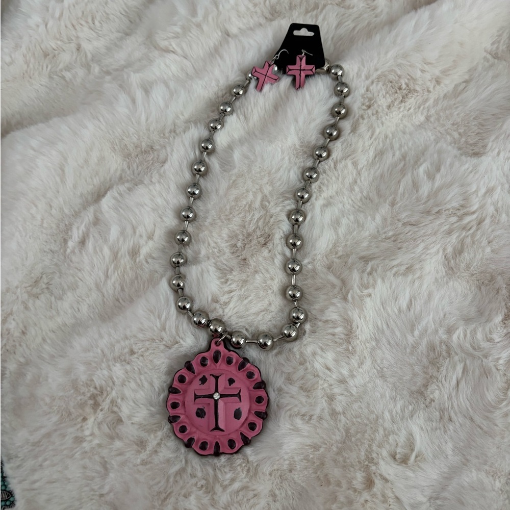 Pink and Silver Cross Pendant Necklace